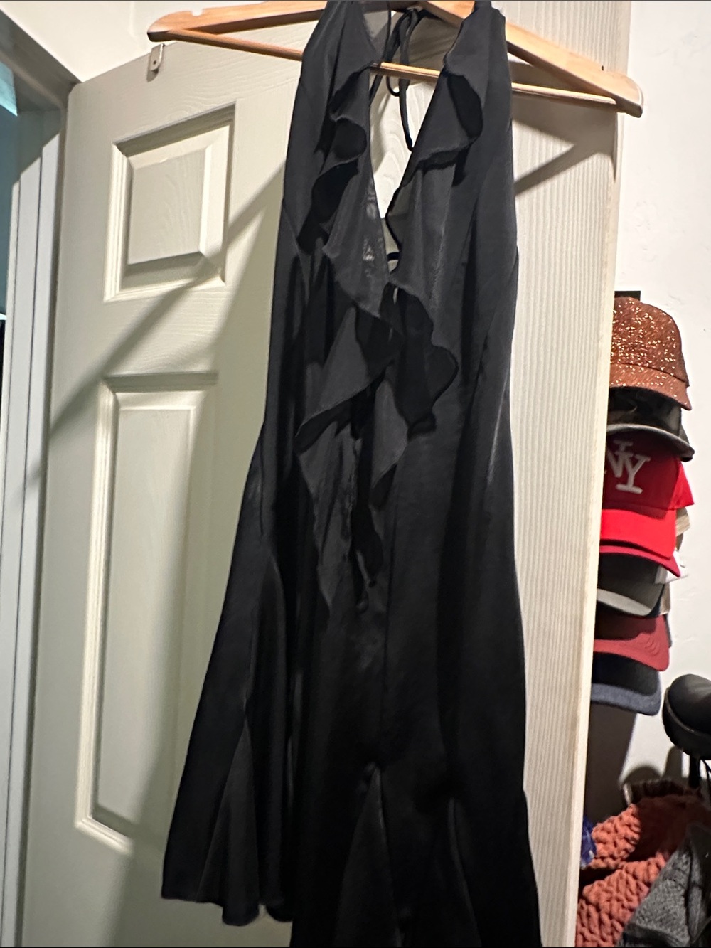 Oh Polly Black Backless Ruffled Halter Dress.